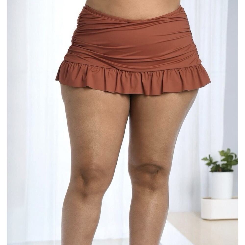 La Blanca Island Goddess Swim Skirt 18W Ruffled Cinnamon Brown Tummy Control NWT
